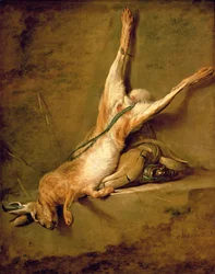 Toter Hase mit Pulverhorn und Jagdtasche, um 1726-30